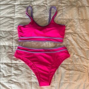 Moshu Bright Pink Two-Piece Bikini with Lavender Trim L
